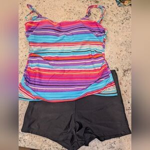 No Label 2-Piece Tankini Swimsuit Set XL | Striped Top + 2 Black Boyshort Bottom